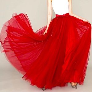 Red Floor Length Tulle Skirt with Slit